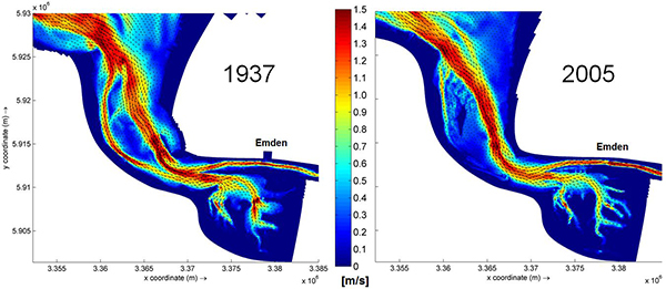 Veränderung des Strömungsregimes im Ems-Dollart-Ästuar zwischen 1937 und 2005, Darstellung der modellierten max. Flutstromgeschwindigkeiten [m/s]