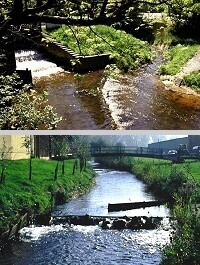 oben: Klosterbach im Landkreis Diepholz - unten: Sohlbauwerk im Gewässer
