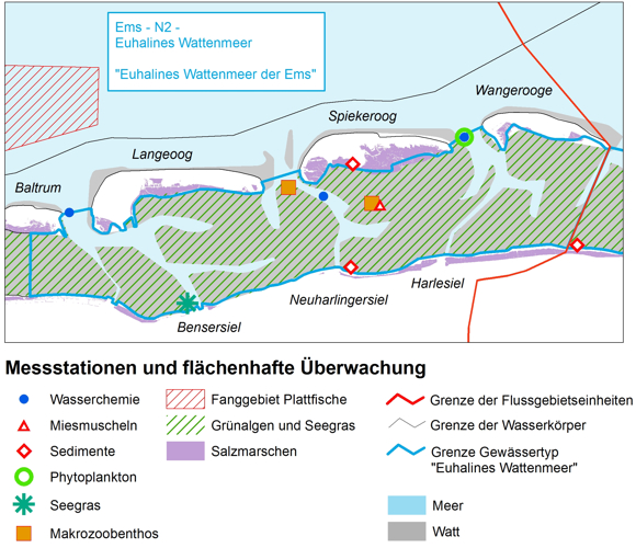 Karte der Messstatonen im Gewässertyp Euhalines Wattenmeer der Ems