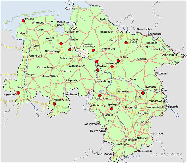 Karte der anerkannten Betreuungsstationen in Niedersachsen
