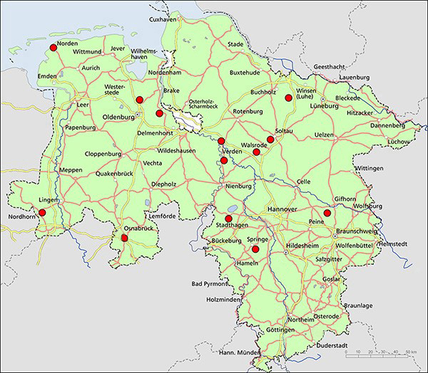 Karte der anerkannten Betreuungsstationen in Niedersachsen