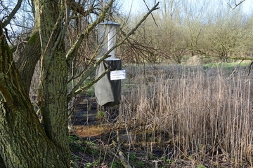 Die Automatikfalle lockt nachtaktive Insekten mit ihrem Licht an. Anfliegende Falter fallen durch einen Trichter in einen darunter angebrachten Fangsack, der am nächsten Morgen ausgezählt werden kann.