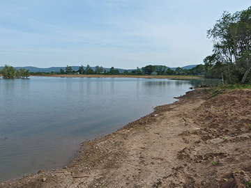 Rohboden am Flachufer. Nach Ende des Abbaubetriebs entstehen Lebensräume vieler Amphibienarten.