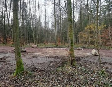 Unauffällig fügen sich die fertigen Furten in den Forstweg ein. Darum wurden die Furten als Hinweis für den forstwirtschaftlichen Betrieb mit großen Findlingen an den Enden gekennzeichnet.