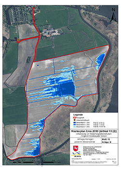 Ausdehnung verschiedener geplanter Wasserstände (hellblau max. Einstau = rd. 14 ha)