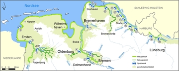 Übersichtsplan Hauptdeiche, Schutzdeiche und Sperrwerke in Niedersachsen