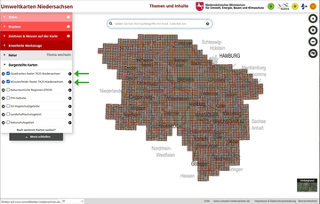 Die Themen "TK 25-Raster" und "Minutenfelder" sind sichtbar. Dies führt bei der landesweiten Kartendarstellung zu einem grauen Bild.