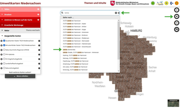 In der Karte entweder in den gewünschten Bereich zoomen (rechts oben) oder eine Ortsbezeichnung ins Suchfeld (oben) eingeben.