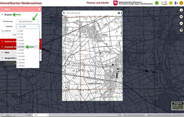 Zum Abspeichern und Drucken der leeren Karte die zusätzlichen Kartenebenen (mit Ausnahme von "TK 25-Raster" und "Minutenfelder") ausschalten und auf "Drucken" klicken, Druckformat und Maßstab auswählen.