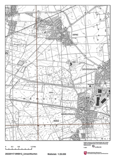 Das PDF gibt die Karte in der eingestellten Größe und im eingestellten Maßstab wieder: DIN A4 im Maßstab 1:25.000.