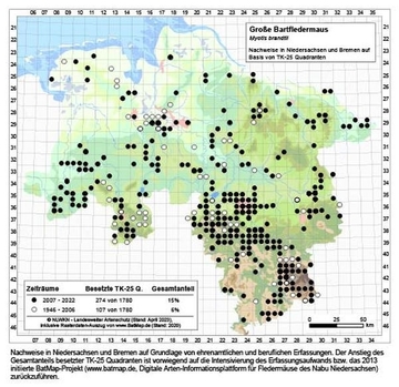 Verbreitungskarte Niedersachsen Großes Bartfledermaus