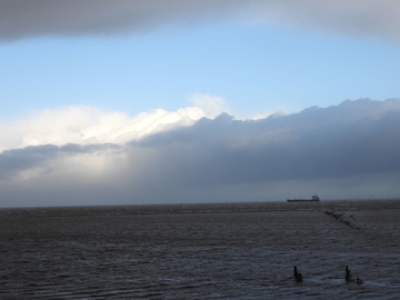 Blick vom Belumer Hauptdeich Richtung Elbe: Der Sommerdeich ist fast vollständig vom Wasser überspült.