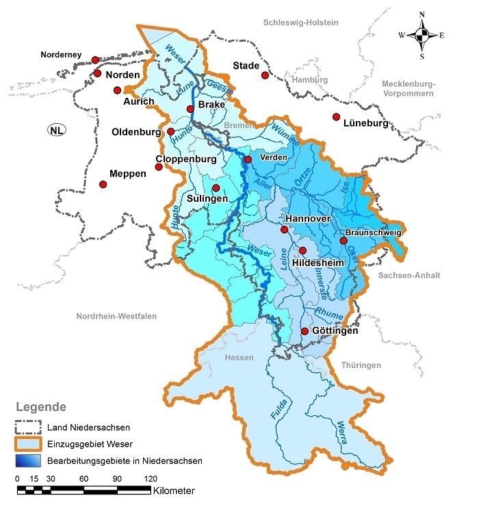 Einzugsgebiet der Weser mit Bearbeitungsgebieten und Betriebsstandorten des NLWKN