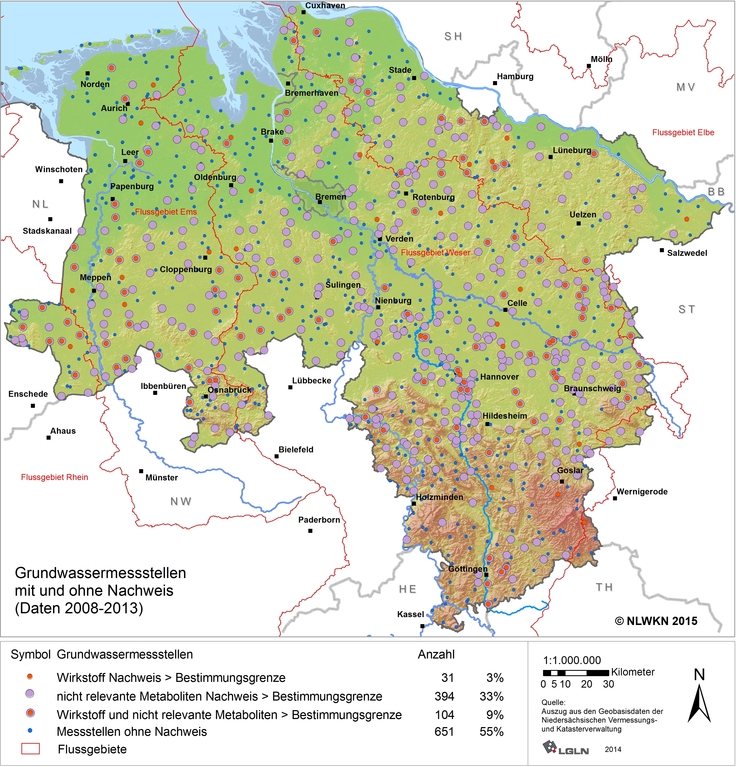 1.180 untersuchte GW-Messstellen (GWM) in 2008-2013 – mit und ohne Nachweis