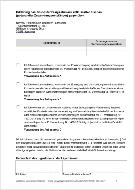 Auszug aus dem Antragsformular (Quelle: NLWKN, GB IV)