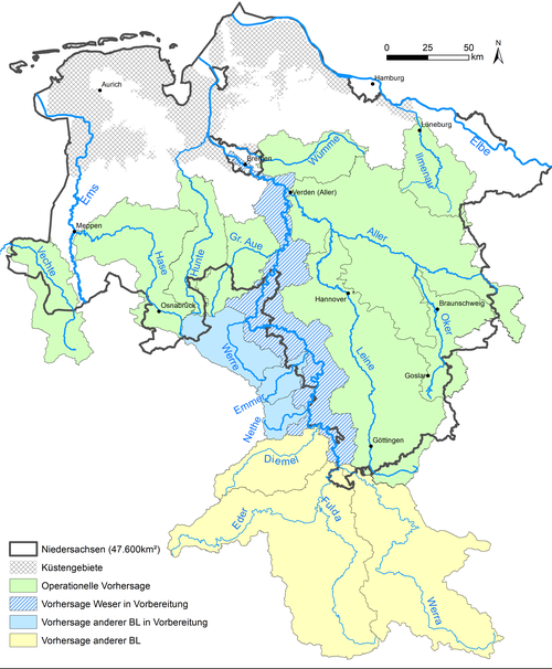 Hochwasser-Vorhersagegebiete der HWVZ in Niedersachsen