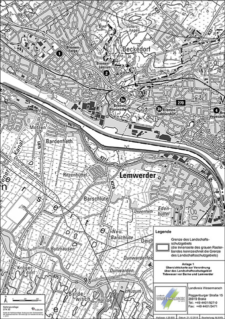 Übersicht der Verordnungskarte des Landschaftsschutzgebietes "Tideweser vor Berne und Lemwerder"