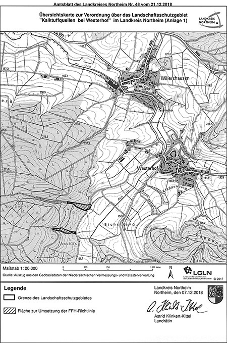 Übersicht der Verordnungskarte des Landschaftsschutzgebietes "Kalktuffquellen bei Westerhof"