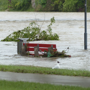 Fluss mit Hochwasser und zur Hälfte überschwemmter Sitzbank