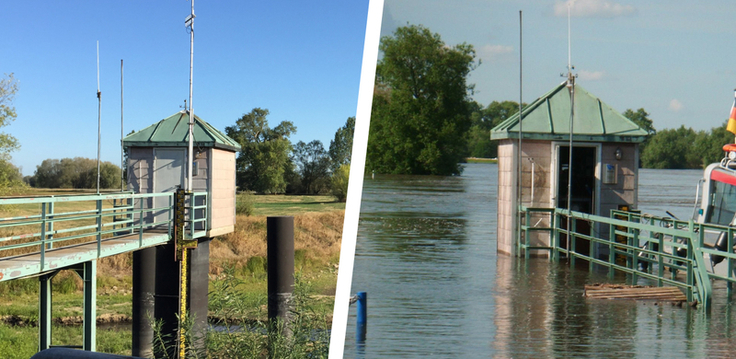 Das Pegelhäuschen in Neu-Darchau bei Hoch- und bei Niedrigwasser