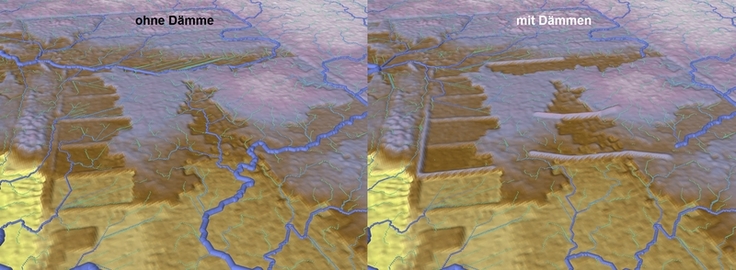Räumliche Modellierung von Oberflächenabflüssen ohne Dämme (links) und mit simulierten Dämmen (rechts) im NSG Siedener Moor, Darstellung 10-fach überhöht