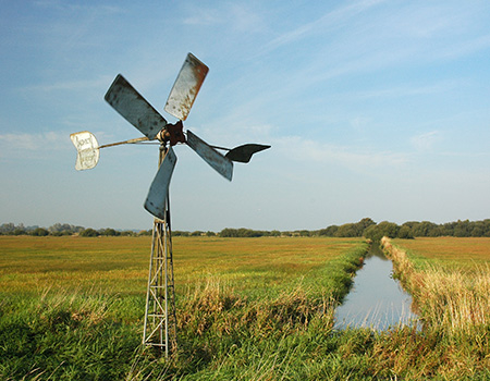 Diese wartungsarme Windpumpe sorgt dafür, dass die Vogelwiese im Ochsenmoor kontinuierlich mit dem für die Vernässung notwendigen Wasser versorgt wird.