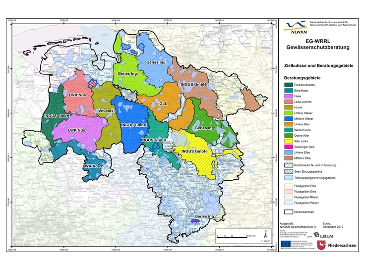 Die Gewässerschutzberatung gem. EG-WRRL wird in Niedersachsen in einer eigenen Maßnahmenkulisse angeboten. Für den aktuellen Beratungszeitraum (2019-2021) umfasst diese mit rund 3.000.000 Hektar knapp 60 % der niedersächsischen Landesfläche.