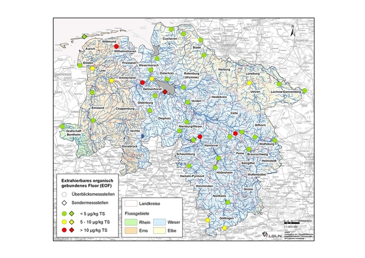 Belastungssituation der niedersächsischen Probenahmestellen – EOF-Gehalt (Summenparameter)