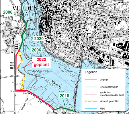 Ausschnitt zur aktuellen Situation der Deichverstärkung entlang der Aller im Verdener Ortsteil Hönisch. Der im Text beschriebene Deichabschnitt wurde im Jahr 2020 fertiggestellt. Für 2022 ist ein weiterer Bauabschnitt geplant.