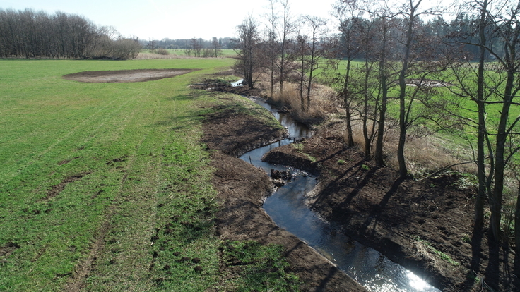 Luftbild vom umgestalteten Gewässer, das sich schlingenförmig durch die Landschaft schlängelt.