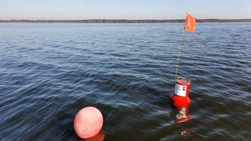 Mitten im Wasser des Steinhuder Meeres schwimmt eine rote Gütemessboje.