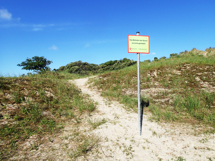 Eine Düne vor blauem Himmel. Rechts im Bild ein Verbotsschild. Direkt daneben verläuft ein Trampelpfad.