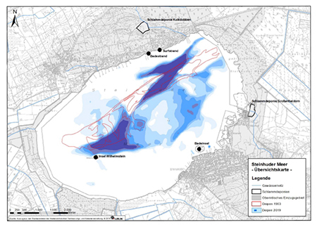 Übersichtskarte zum Steinhuder Meer mit Darstellung der „Deipen“ von 1963 und 2019 im Vergleich.