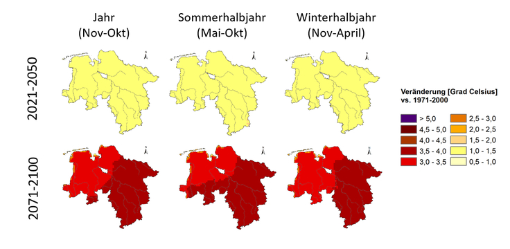 Projizierte zukünftige mittlere Änderung der mittleren Temperatur gegenüber dem Zeitraum 1971-2000 auf Basis des Klimaszenarios RCP8.5.