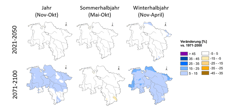 Projizierte zukünftige mittlere Änderung der Niederschlagssummen gegenüber dem Zeitraum 1971-2000 auf Basis des Klimaszenarios RCP8.5