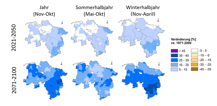 Projizierte zukünftige mittlere Änderung des maximalen Tagesniederschlags gegenüber dem Zeitraum 1971-2000 auf Basis des Klimaszenarios ohne Klimaschutz (RCP8.5)