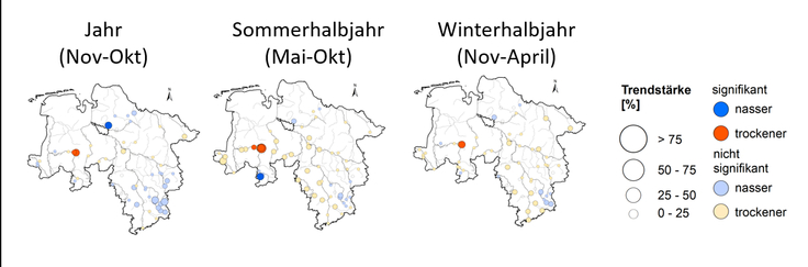 Trends der Jahreshöchstabflüsse (HQ) zwischen 1968 und 2017 (rot: Abnahme, blau: Zunahme)