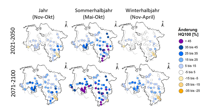 Mittlere Änderung der Hochwasserabflüsse (HQ100) gegenüber dem Zeitraum 1971-2000 auf Basis des Klimaszenarios ohne Klimaschutz (RCP8.5)