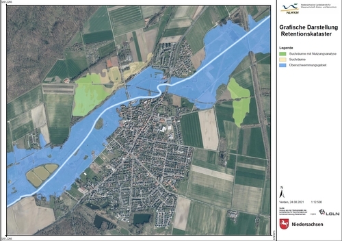 Überschwemmungsgebiet, Suchräume und Suchräume mit Nutzungsanalyse der Schunter bei Lehre (Grafik: NLWKN/LGLN).