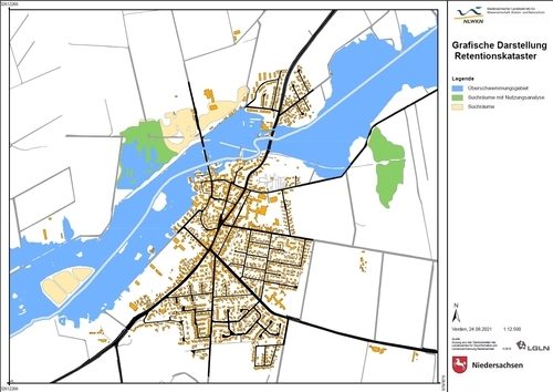 Überschwemmungsgebiet, Suchräume und Suchräume mit Nutzungsanalyse der Schunter bei Lehre (Grafik: NLWKN/LGLN).