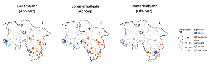 Trends des niedrigsten 7-tägigen Abflussmittels (NM7Q) zwischen 1968 und 2017 (rot: Abnahme, blau: Zunahme)