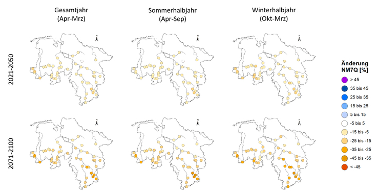 Mittlere Änderung der Niedrigwasserabflüsse (NM7Q) gegenüber dem Zeitraum 1971-2000 auf Basis des Klimaszenarios ohne Klimaschutz (RCP8.5)