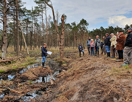 Der erste Dammabschnitt im Otterhagener Moor ist dicht – der Wasserstand ist sichtbar gestiegen. Aaron Schad stellt Mitgliedern des Projektbeirates die umgesetzten Maßnahmen vor.