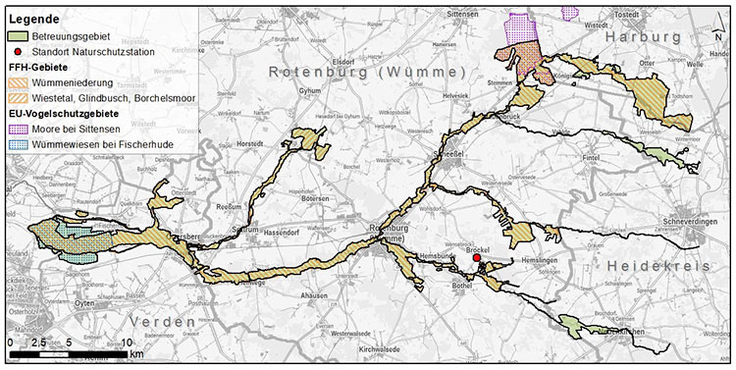 Das Betreuungsgebiet der Naturschutzstation Wümme mit dem Standort in Brockel