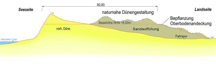 Das Vorhaben im Profil: Die Randdüne wird auf eine Breite von 50 Metern und eine Mindesthöhe von 8 Metern über dem Meeresspiegel verstärkt und naturnah gestaltet (Bild: NLWKN).