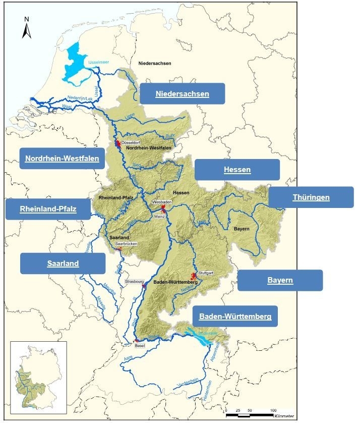 Flussgebietseinheit Rhein mit acht Bundesländern