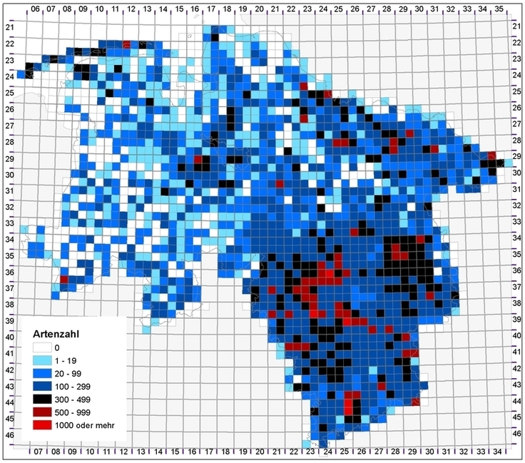 Anzahl in Niedersachsen nachgewiesener Großpilz-Arten pro Messtischblatt-Quadrant (Pilzkartierung Nds. Stand 01/2020; Daten bereitgestellt von A. Schilling).