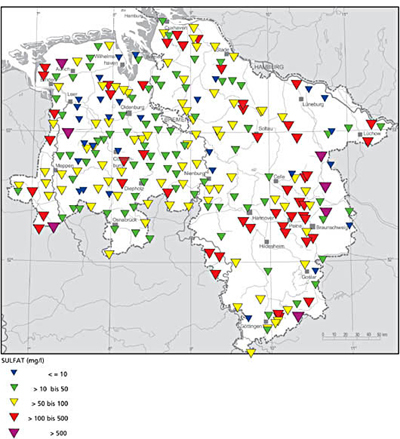 Gemittelte Sulfatkonzentration an ausgewählten Messstellen des Grundwassergüte-Grundmessnetzes