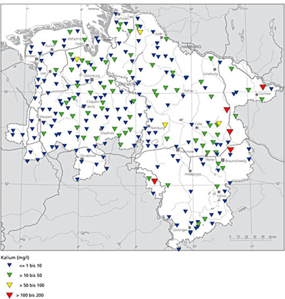 Gemittelte Kaliumkonzentration an ausgewählten Messstellen des Grundwassergüte-Grundmessnetzes