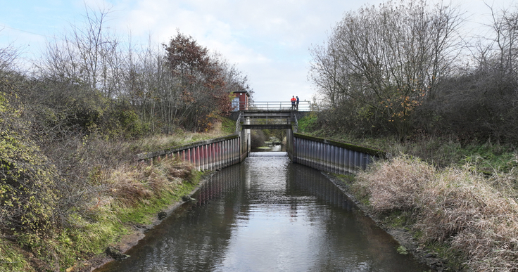 Wird im Rahmen der Arbeiten im Sommer zurückgebaut und damit ökologisch durchgängig gemacht: Das Steuerungsbauwerk im Fladderkanal (Bild: Lamping/NLWKN).